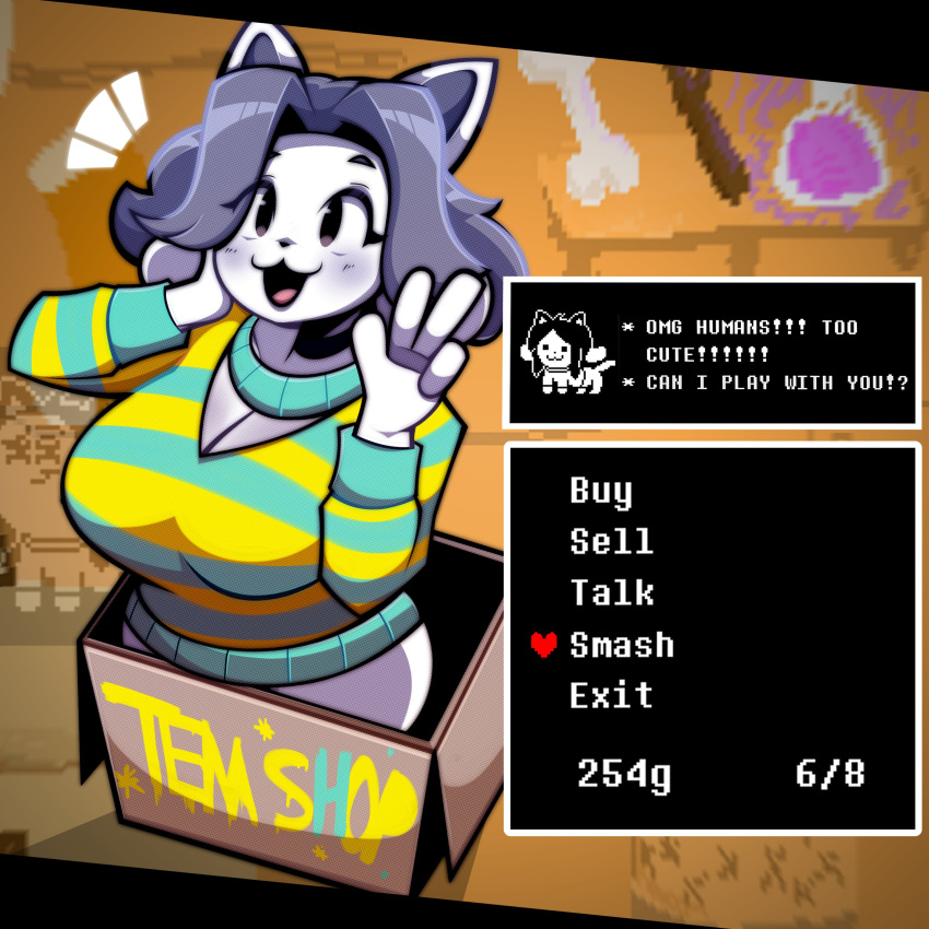 1:1 absurd_res anthro bottomless box breasts brown_eyes cat_smile cleavage clothed clothing container dialogue domestic_cat english_text felid feline felis female fur gameplay_mechanics grey_hair hair hi_res human_fetish letherisreal mammal pattern_clothing pattern_sweater pattern_topwear smile solo striped_clothing striped_sweater striped_topwear stripes sweater talking_to_viewer temmie_(undertale) text topwear undertale undertale_(series) white_body white_fur
