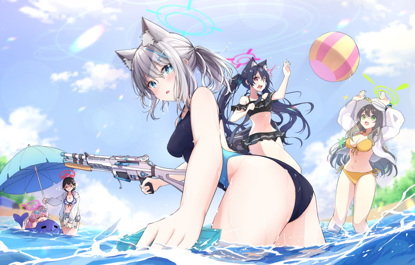 5girls ahoge animal_ear_fluff animal_ears arm_up ass ayane_(blue_archive) ayane_(swimsuit)_(blue_archive) ball beachball bikini black_bikini black_hair black_one-piece_swimsuit blue_archive blue_eyes blue_hair blue_halo blue_sky blurry blush breasts cat_ears closed_eyes closed_mouth cloud commentary_request competition_swimsuit cross cross_hair_ornament day depth_of_field extra_ears eyewear_on_head foreclosure_task_force_(blue_archive) frilled_bikini frills glasses green_eyes green_halo grey_hair grey_jacket gun hair_ornament halo halterneck hat highleg highleg_swimsuit highres holding holding_gun holding_umbrella holding_weapon hoshino_(blue_archive) hoshino_(swimsuit)_(blue_archive) inverted_cross jacket jumping lens_flare light_brown_hair long_hair long_sleeves looking_at_viewer looking_back low_ponytail medium_breasts mismatched_pupils morupeusu multicolored_clothes multicolored_swimsuit multiple_girls nonomi_(blue_archive) nonomi_(swimsuit)_(blue_archive) ocean official_alternate_costume one-piece_swimsuit open_clothes open_jacket open_mouth open_shirt outdoors pink_hair pink_halo ponytail red-framed_eyewear red_eyes red_halo serika_(blue_archive) serika_(swimsuit)_(blue_archive) shiroko_(blue_archive) shiroko_(swimsuit)_(blue_archive) shirt short_ponytail side-tie_bikini_bottom sky smile standing sunglasses swimsuit twintails two-tone_swimsuit umbrella wading water_gun weapon white_headwear white_shirt wolf_ears yellow_bikini