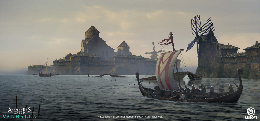 6+boys assassin's_creed:_valhalla assassin's_creed_(series) building company_name concept_art copyright_name dechambo european_architecture fortress grey_sky highres multiple_boys outdoors shield ship water watercraft watermark windmill