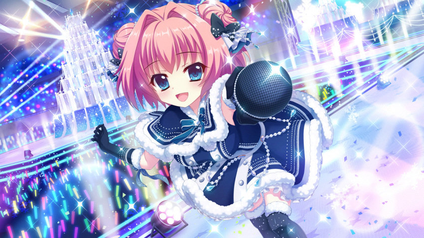 1girl :d alternate_hairstyle audience blue_capelet blue_dress blue_eyes blue_gloves breasts capelet concert dot_nose double_bun dress dutch_angle film_grain fur-trimmed_capelet fur-trimmed_dress fur-trimmed_gloves fur_trim game_cg gloves glowstick hair_bun hiiragi_kae idol idol_clothes izumi_tsubasu large_breasts leaning_forward lens_flare looking_at_viewer non-web_source object_request official_art open_mouth pink_hair re:stage! smile solo sparkle stage stage_lights