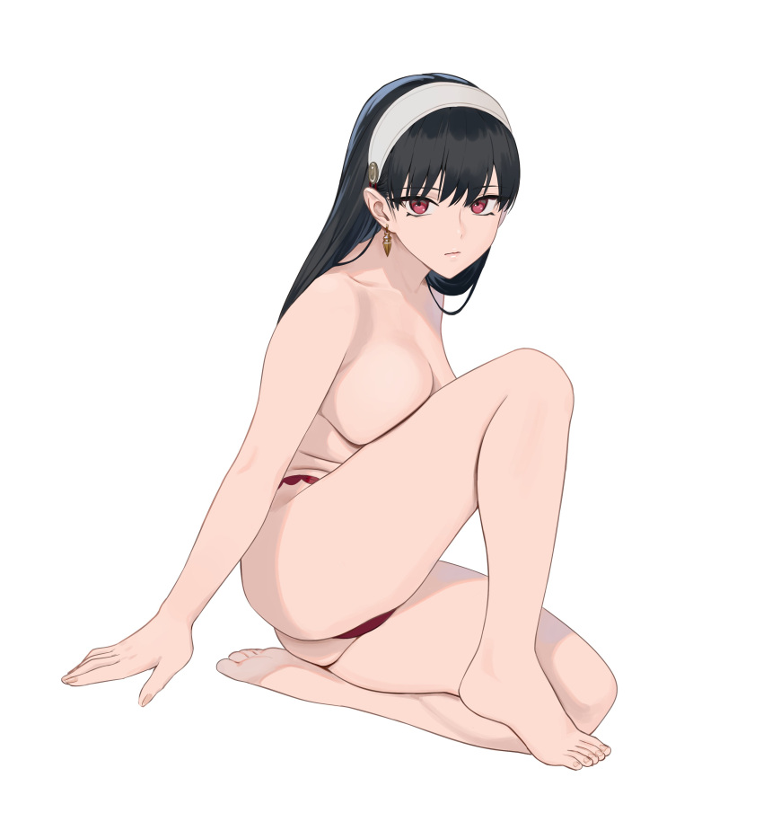 1girl absurdres barefoot black_hair breasts carlo_montie closed_mouth earrings expressionless hair_down hairband highres jewelry knee_up large_breasts long_hair looking_at_viewer on_one_knee panties red_eyes red_panties simple_background solo spy_x_family thighs topless underwear white_background white_hairband yor_briar