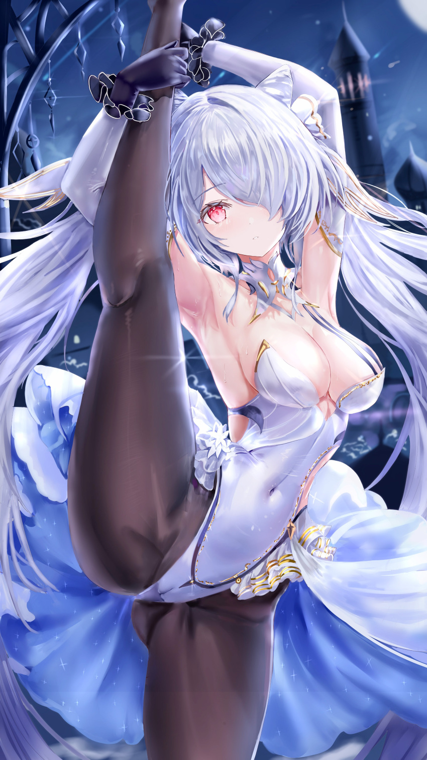 1girl absurdres age_fx azur_lane bare_shoulders black_gloves black_pantyhose breasts cameltoe clothing_cutout commentary_request cone_hair_bun double_bun dress elbow_gloves gloves grey_hair hair_bun hair_horns hair_over_one_eye highres kiev_(azur_lane) kiev_(vila_of_the_crystal_lake)_(azur_lane) long_hair looking_at_viewer multicolored_clothes navel_cutout night official_alternate_costume one_eye_covered pantyhose red_eyes scrunchie spread_legs strapless strapless_dress twintails very_long_hair white_dress white_hair wrist_scrunchie