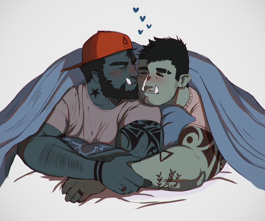 2boys =_= arm_hair arm_tattoo backwards_hat bara baseball_cap beard blue_skin blush clay_(lancelotsteele) colored_skin couple cuddling eyebrow_cut facial_hair goatee_stubble green_skin hand_on_another's_arm happy hat highres kiss kissing_cheek large_pectorals loving_aura lying male_focus mature_male monster_boy multiple_boys muscular muscular_male mustache_stubble on_stomach orc original pectorals rusl_(ruslorc) ruslorc shirt short_hair sideburns sideburns_stubble sparse_stubble t-shirt tattoo thick_eyebrows tusks under_covers upper_body yaoi