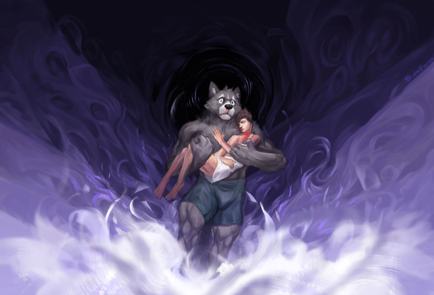 abstract_background absurd_res adastra adastra_(series) amicus_(adastra) anthro blood blood_on_face bodily_fluids canid canine canis clothed clothing drunk_ferret duo echo_project fluffy fur grey_body grey_fur hi_res human humanoid male mammal marco_(adastra) space visual_novel wolf