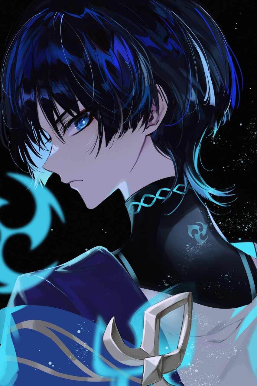 1boy absurdres black_background black_hair blue_eyes blue_hair closed_mouth fractalmagnolia from_side genshin_impact hair_between_eyes highres japanese_clothes looking_at_viewer male_focus mandarin_collar multicolored_hair portrait profile scaramouche_(genshin_impact) simple_background solo upper_body wanderer_(genshin_impact)