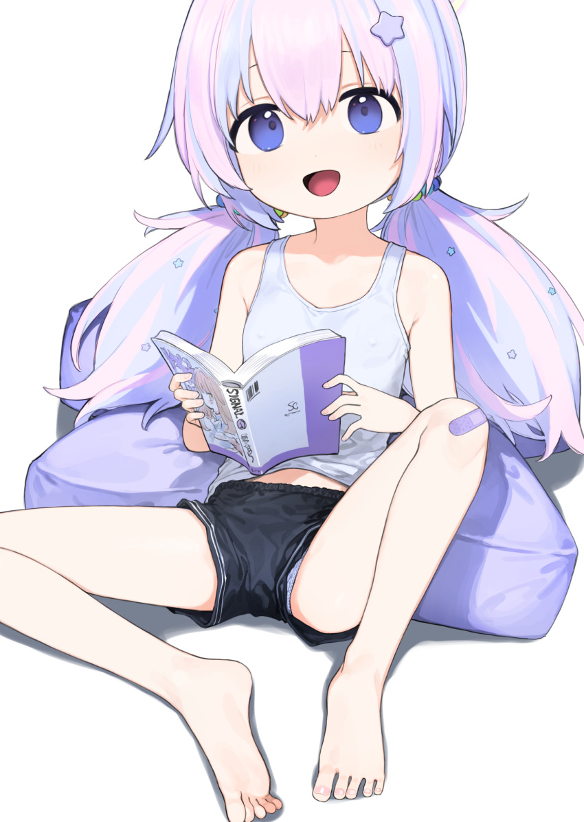 1girl bandaid bandaid_on_knee bandaid_on_leg bare_legs barefoot black_shorts blue_archive blue_hair book commentary_request covered_nipples flat_chest full_body hair_bobbles hair_ornament highres holding holding_book long_hair open_mouth panties panty_peek petite pillow purple_eyes purple_hair purple_panties reisa_(blue_archive) short_shorts shorts signalviolet sitting solo spread_legs star_(symbol) star_hair_ornament tank_top toenails toes twintails underwear white_tank_top