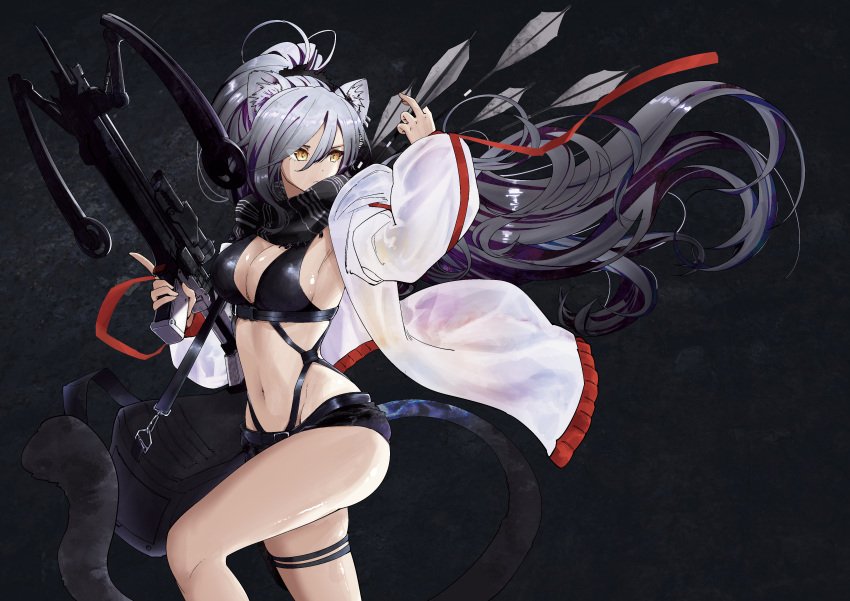 1girl absurdres animal_ear_fluff animal_ears arknights bare_legs black_background black_scarf black_shorts breasts cat_ears cat_tail cleavage commentary_request crop_top crossbow grey_hair hair_between_eyes highres holding holding_crossbow holding_weapon jacket kagazaki large_breasts long_hair long_sleeves micro_shorts midriff navel open_clothes open_jacket ponytail scarf schwarz_(arknights) shorts simple_background solo stomach tail thigh_strap thighs very_long_hair weapon white_jacket yellow_eyes