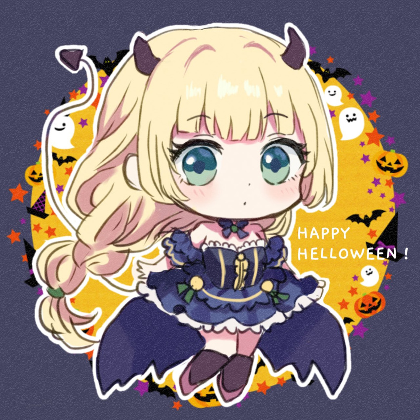 1girl alternate_costume bare_shoulders blonde_hair blue_dress blush chibi commentary demon_horns demon_tail dress fire_emblem fire_emblem:_three_houses green_eyes halloween halloween_costume highres horns ingrid_brandl_galatea long_hair looking_at_viewer low-tied_long_hair off-shoulder_dress off_shoulder solo tail very_long_hair yuurururun