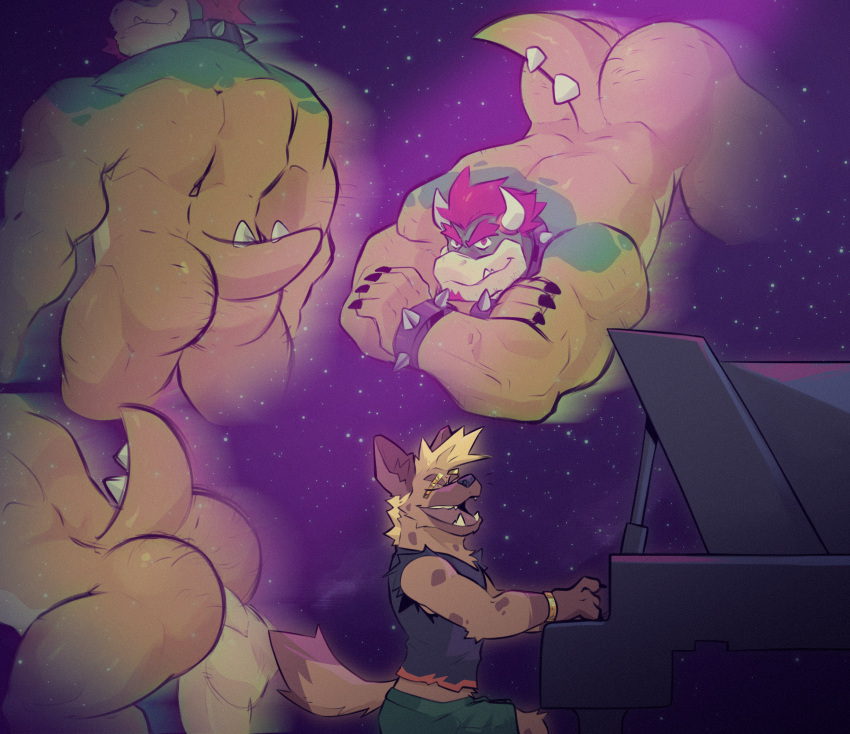 anthro bowser butt claws duo fangs hi_res himbo hyena keyboard_instrument koopa male male/male mammal mario_bros musical_instrument nintendo piano rear_view scalie spotted_hyena tail teeth zipper zipper_hyena zipperhyena