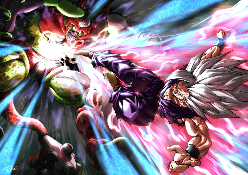 2boys absurdres angry attack brown_footwear cell_max clenched_teeth commentary commentary_request dragon_ball dragon_ball_super dragon_ball_super_super_hero gohan_beast highres kicking multiple_boys muscular muscular_male open_mouth pectorals son_gohan spiked_hair stynl_f tail teeth white_hair
