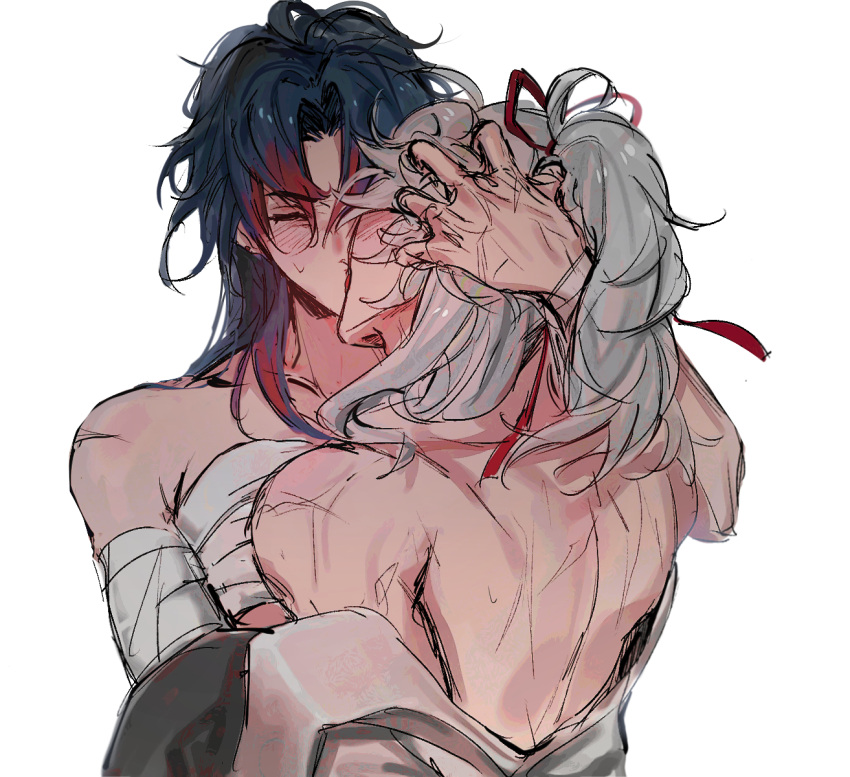 2boys bandaged_chest black_hair blade_(honkai:_star_rail) blush closed_eyes facing_another grey_hair half_updo highres honkai:_star_rail honkai_(series) jing_yuan kiss multiple_boys ponytail primnolegal red_hair sketch topless_male white_background yaoi