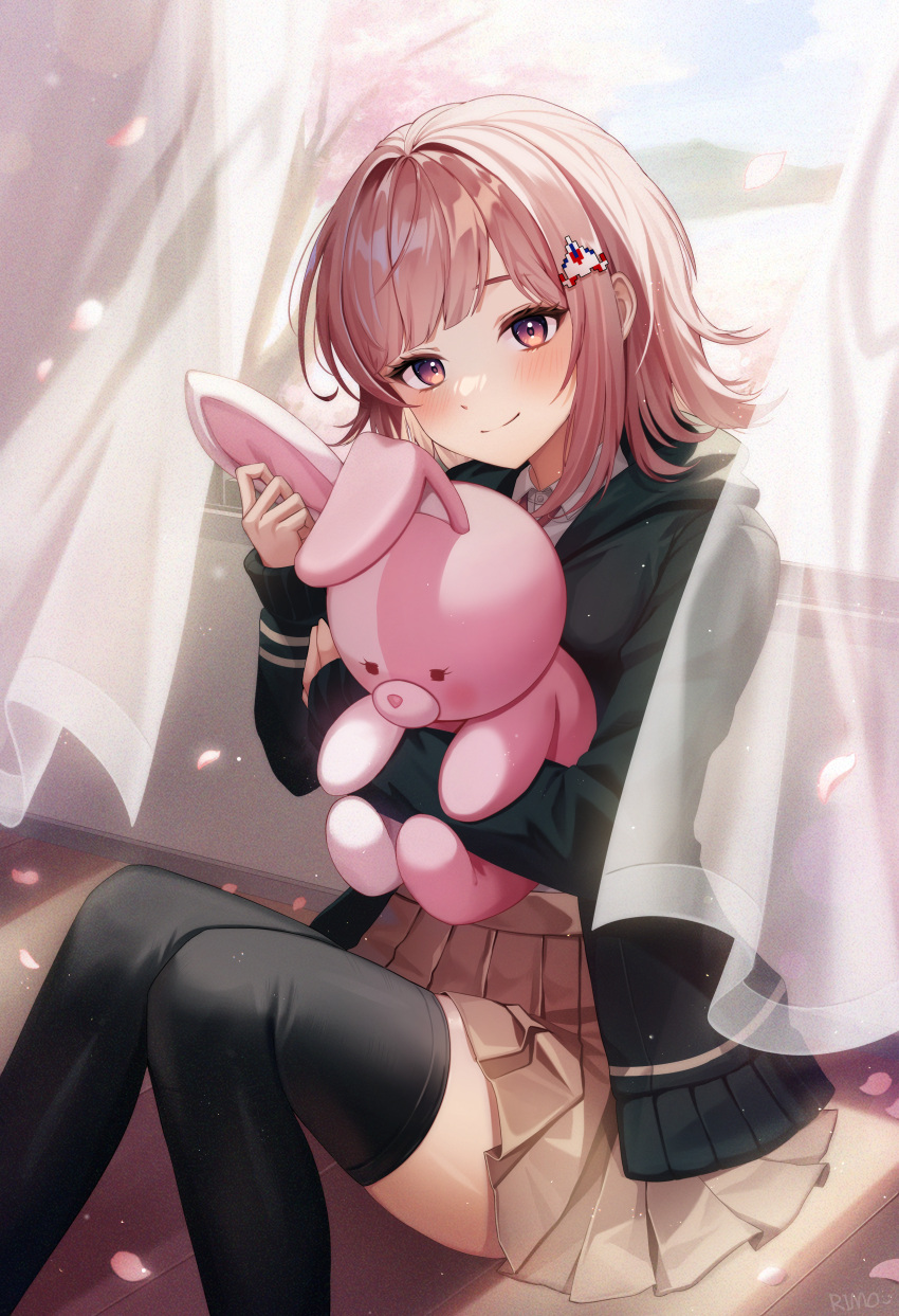 1girl absurdres artist_name black_jacket black_thighhighs blush brown_eyes brown_skirt cherry_blossoms collared_shirt curtains danganronpa_(series) danganronpa_2:_goodbye_despair feet_out_of_frame galaga hair_ornament highres hood hooded_jacket jacket long_sleeves medium_hair monomi_(danganronpa) nanami_chiaki open_clothes open_jacket pleated_skirt rimo_(wjdtndusk) shirt sitting skirt sleeves_past_wrists smile solo thighhighs white_shirt