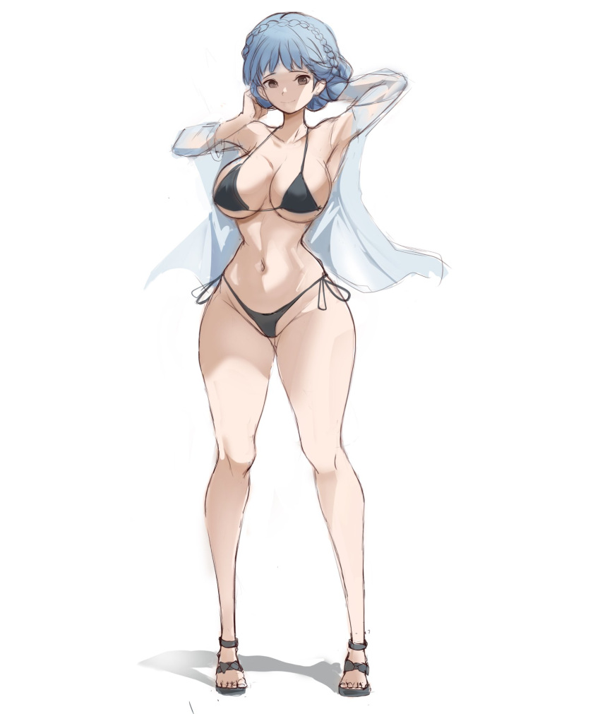 1girl alternate_costume arm_behind_head armpits bikini black_bikini blue_hair braid breasts brown_hair closed_mouth collarbone crown_braid fire_emblem fire_emblem:_three_houses full_body hand_in_own_hair highres large_breasts looking_at_viewer marianne_von_edmund navel rakeemspoon sandals shadow shirt shirt_partially_removed side-tie_bikini_bottom simple_background smile solo stomach swimsuit white_background white_shirt