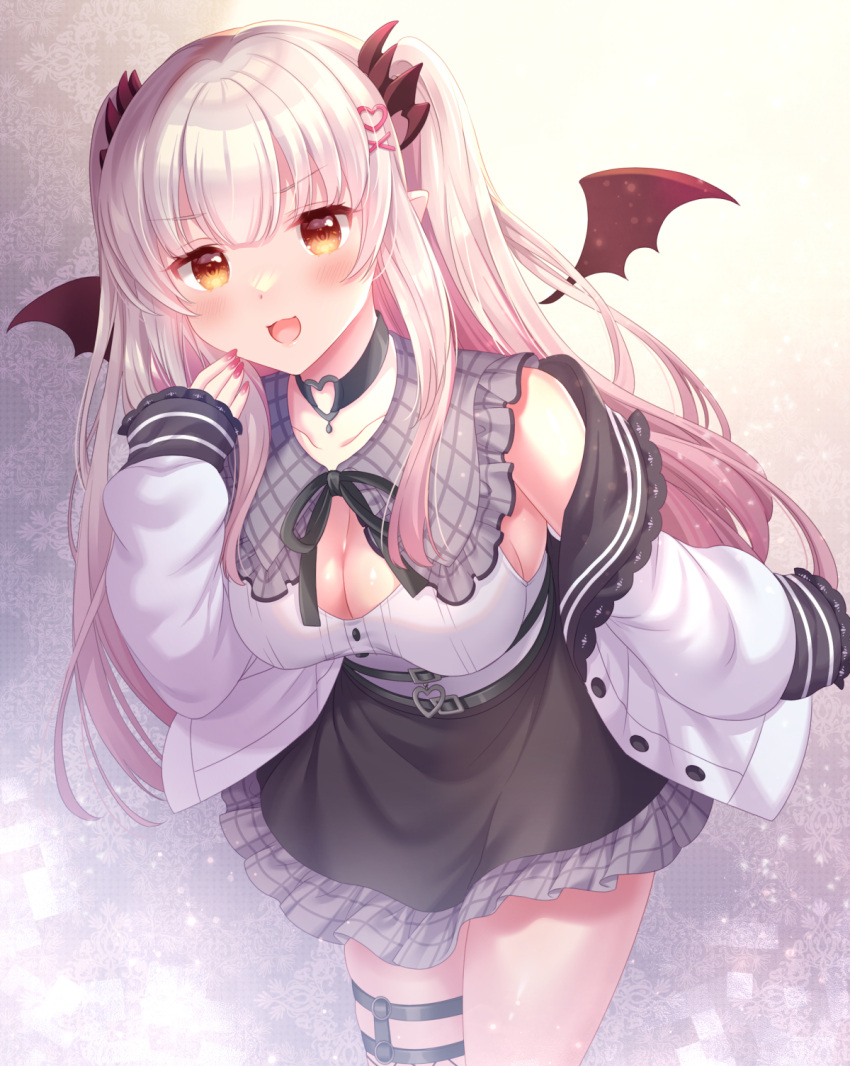 1girl black_skirt blunt_bangs blush breasts brown_eyes cleavage collar commentary_request cowboy_shot demon_girl demon_wings fingernails grey_collar hair_ornament heart heart_hair_ornament highres horns indie_virtual_youtuber jacket large_breasts leaning_forward long_hair looking_at_viewer medium_bangs o-ring o-ring_thigh_strap open_clothes open_jacket open_mouth pink_hair plaid_collar plaid_trim pointy_ears red_horns red_nails red_wings shirt shizuki_aya sidelocks skirt sleeveless sleeveless_shirt smile snowflake_background solo suou_patra thigh_strap two_side_up virtual_youtuber white_jacket white_shirt wings