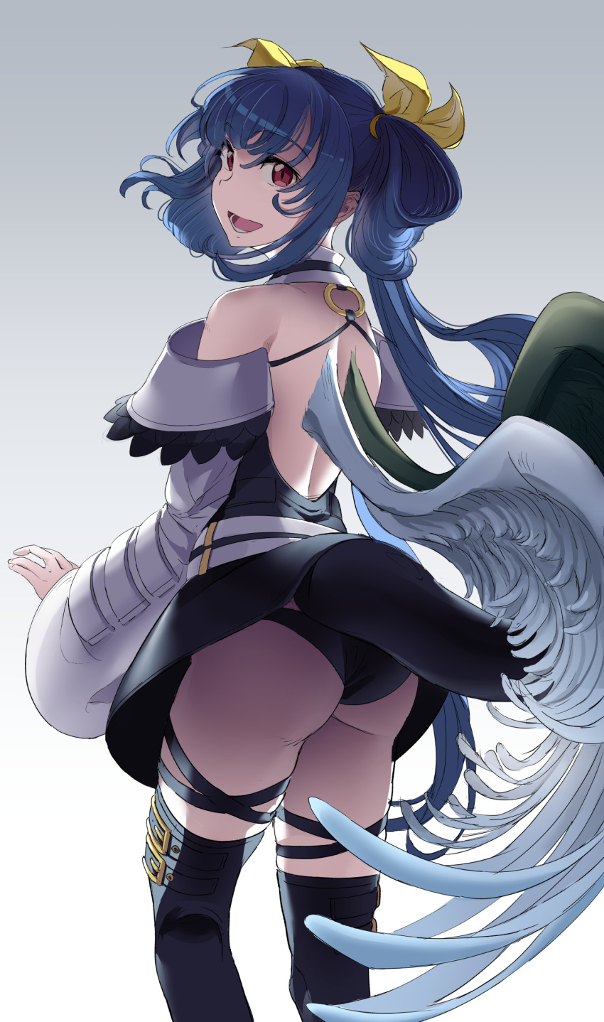 1girl ass asymmetrical_wings back bare_shoulders black_dress blue_hair dizzy_(guilty_gear) dress guilty_gear guilty_gear_xrd highres long_hair looking_back multicolored_clothes multicolored_dress open_mouth red_eyes simple_background solo thighhighs thighs touniyuu twintails white_background white_dress wings