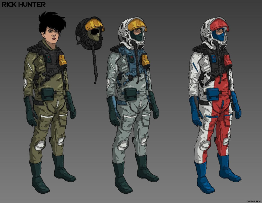 1980s_(style) 3boys black_hair boots character_name choujikuu_yousai_macross cold_war comparison concept_art derivative_work dsunoo english_commentary english_text gloves headwear_removed helmet helmet_removed highres ichijou_hikaru macross multiple_boys oxygen_mask pilot_suit real_life retro_artstyle rick_hunter robotech science_fiction signature sketch spacesuit u.n._spacy vest western_comics_(style)