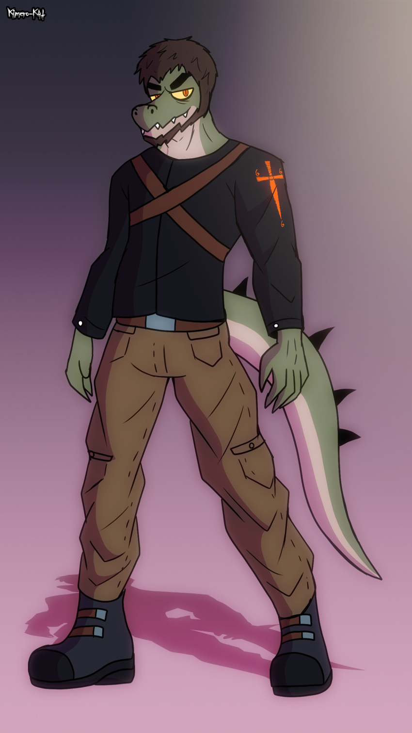 absurd_res alligatorid anthro beard boots bottomwear caiman cargo_pants cel_shading claws clothed clothing crocodilian demon facial_hair footwear green_body hi_res jacket kimero_kat male military_uniform pants reptile scalie shaded sharp_teeth snout solo spikes tail teeth thick_tail topwear uniform yellow_eyes