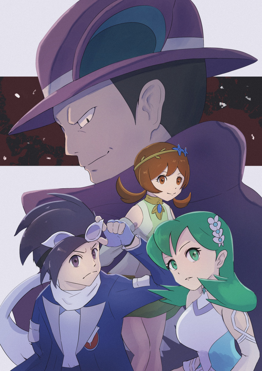 2boys 2girls absurdres black_hair blue_dress blue_hair brown_eyes dark_blue_hair detached_sleeves dress ethan_(pokemon) ethan_(sygna_suit)_(pokemon) fingerless_gloves giovanni_(pokemon) giovanni_(sygna_suit)_(pokemon) gloves goggles goggles_on_head green_eyes green_hair highres kris_(pokemon) kris_(sygna_suit)_(pokemon) looking_at_viewer lyra_(pokemon) lyra_(sygna_suit)_(pokemon) multiple_boys multiple_girls official_alternate_costume parted_lips pokemon pokemon_masters_ex purple_headwear scarf smile uyoto v-shaped_eyebrows