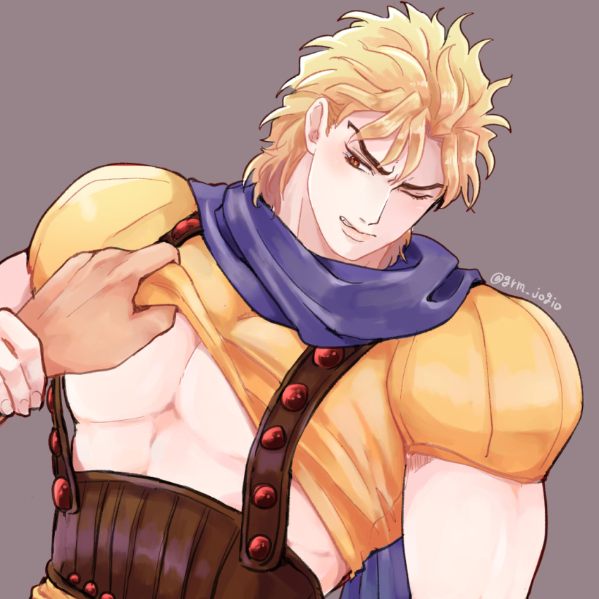 2boys blonde_hair clenched_teeth clothes_lift commentary_request dio_brando grm_jogio holding_another's_wrist jojo_no_kimyou_na_bouken jonathan_joestar lifted_by_another looking_at_another male_focus multiple_boys muscular one_eye_closed pectorals phantom_blood purple_scarf red_eyes scarf short_hair teeth undressing_another