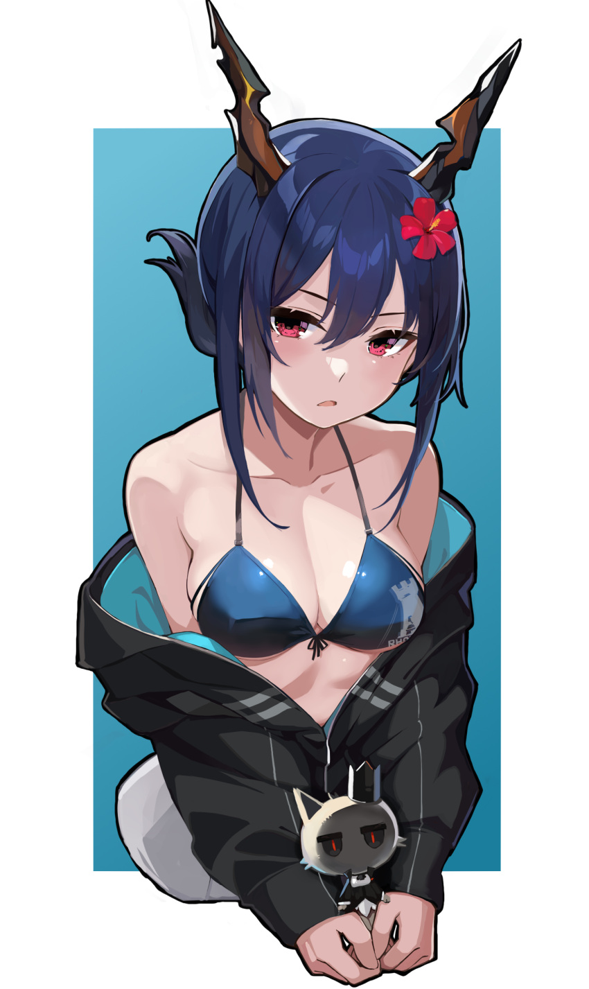 1girl arknights bare_shoulders bikini black_jacket blue_background blue_bikini blush breasts ch'en_(arknights) ch'en_the_holungday_(arknights) cleavage collarbone dragon_horns flower folded_ponytail hair_flower hair_ornament hibiscus highres horns idashige_(walkietalkie) jacket long_sleeves medium_breasts off_shoulder open_clothes open_jacket open_mouth red_flower short_hair solo stuffed_toy swimsuit two-tone_background upper_body white_background