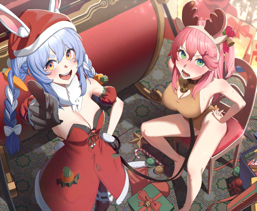 2girls absurdres alternate_costume animal_costume animal_ears bare_shoulders bell black_gloves blue_hair blush braid breasts carrot_hair_ornament chair christmas cleavage cleavage_cutout clothing_cutout error food-themed_hair_ornament gift gloves green_eyes hair_ornament hairclip hat highres hololive jiki_(gkdlfnzo1245) leash looking_at_viewer multiple_girls neck_bell open_mouth pink_hair rabbit_ears reindeer_costume reindeer_hair_ornament sakura_miko santa_costume santa_hat sitting usada_pekora virtual_youtuber x_hair_ornament