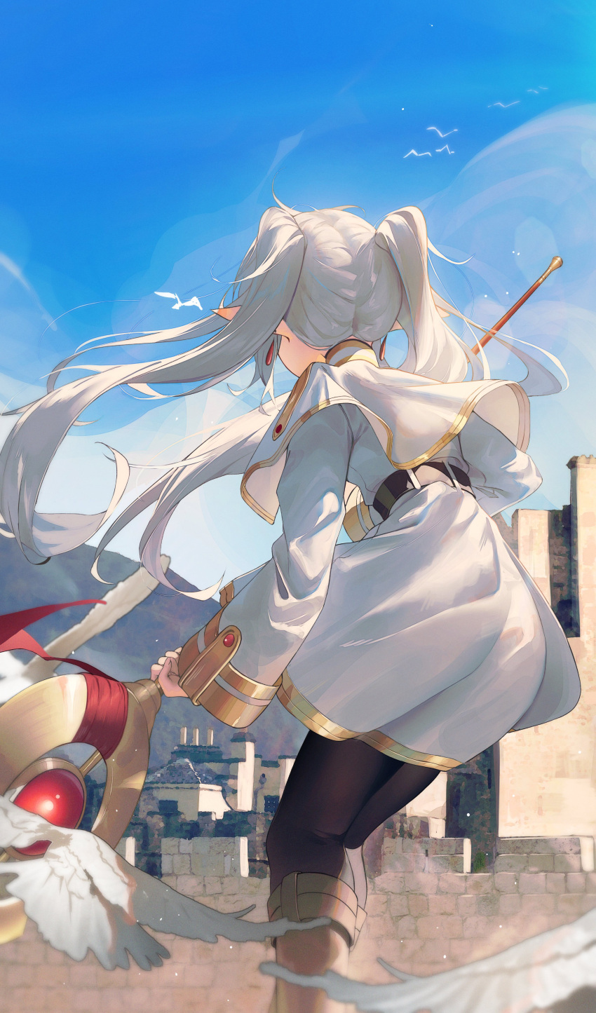 1girl absurdres capelet dress earrings elf frieren highres holding holding_staff jewelry kerno long_hair long_sleeves mage_staff pointy_ears solo sousou_no_frieren staff twintails white_capelet white_dress white_hair