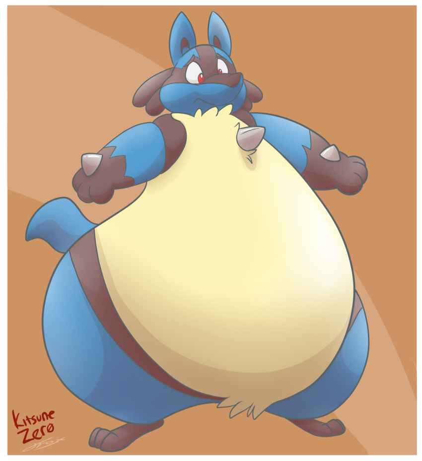 3_toes ambiguous_gender anthro belly biped blue_body blue_fur bottom_heavy canid chest_spike feet fur generation_4_pokemon hi_res jacfox kitsunezero lucario male mammal nintendo overweight pear-shaped_figure pokemon pokemon_(species) solo spikes spikes_(anatomy) stocky tan_belly tan_body toes wide_hips