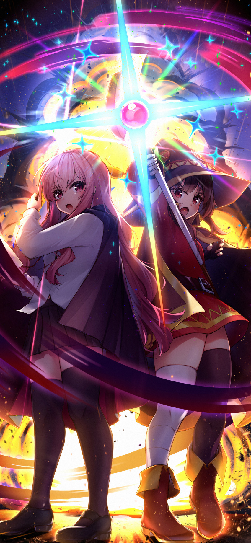 2girls absurdres asymmetrical_legwear backlighting bandaged_leg bandages black_cape black_thighhighs book boots brown_hair cape casting_spell dress explosion fingerless_gloves gloves hat highres holding holding_book holding_staff holding_wand kono_subarashii_sekai_ni_shukufuku_wo! leather_belt light_particles loafers looking_at_viewer louise_francoise_le_blanc_de_la_valliere magic marutenmaruten megumin mismatched_legwear multiple_girls pink_eyes pink_hair pleated_skirt red_dress red_eyes school_uniform shoes skirt staff thighhighs wand witch_hat zero_no_tsukaima zettai_ryouiki