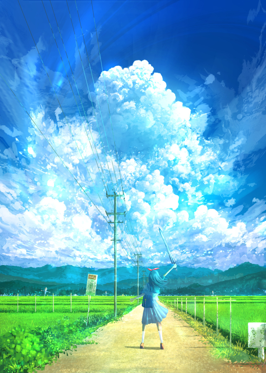 1girl arm_up bag blue_hair blue_sailor_collar blue_serafuku blue_shirt blue_skirt blue_sky cloud cloudy_sky commentary_request cumulonimbus_cloud day floating_hair forest from_behind hair_ribbon highres holding holding_sword holding_weapon kneehighs long_hair mountainous_horizon nature original outdoors pleated_skirt power_lines red_ribbon ribbon rice_paddy road sailor_collar scarecrow scenery school_bag school_uniform serafuku shadow shirt short_sleeves shoujou_(illust_primete) sign skirt sky socks solo standing summer sword utility_pole weapon white_socks wide_shot