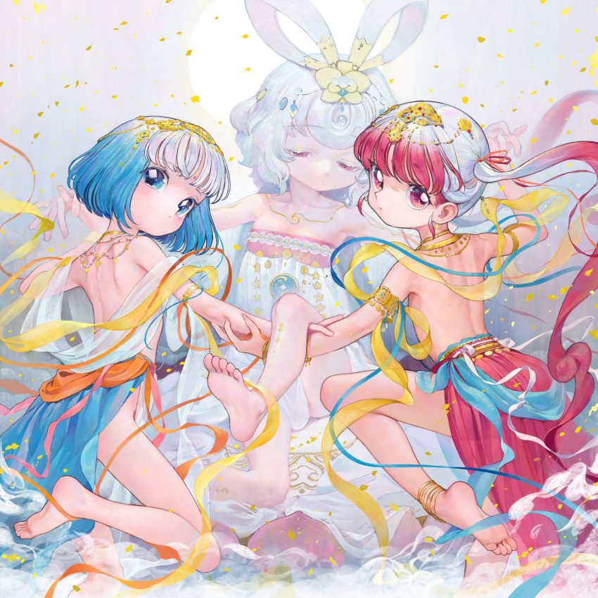 3girls anklet armlet back bare_back bare_shoulders barefoot blue_eyes blue_hair blush bracelet breasts commentary_request dress english_commentary expressionless flat_chest gradient_hair hair_ornament half-closed_eyes hand_on_another's_arm headpiece highres holding_hands jewelry kaede_(shijie_heping) looking_at_viewer looking_back multicolored_hair multiple_girls necklace original petals pink_eyes pink_hair revealing_clothes small_breasts strapless strapless_dress two-tone_hair white_dress white_hair