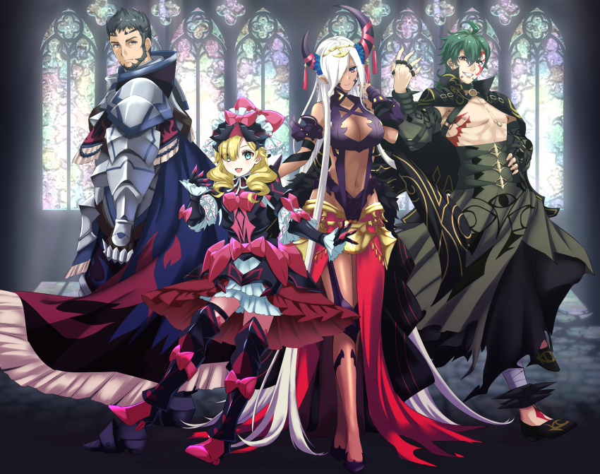 2boys 2girls abs armor asymmetrical_horns bare_shoulders blonde_hair blue_eyes bow breasts cape cleavage dark-skinned_female dark_skin dragon_girl dress fire_emblem fire_emblem_engage frilled_headwear gauntlets gloves griss_(fire_emblem) hair_ornament hair_over_one_eye halterneck hat highres horns kakiko210 knight large_breasts long_hair looking_at_viewer marni_(fire_emblem) mature_female mauvier_(fire_emblem) medium_hair multicolored_eyes multiple_boys multiple_girls multiple_scars navel pauldrons plate_armor pointy_ears purple_eyes purple_ribbon red_eyes revealing_clothes ribbon scar short_hair shoulder_armor smile tan tassel tassel_hair_ornament thighs toned toned_male topless_male very_long_hair white_hair zephia_(fire_emblem)