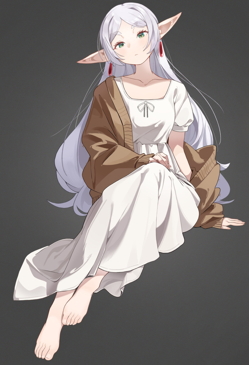 1girl absurdres barefoot cardigan collarbone cyan_yu dress earrings elf feet fingernails frieren green_eyes grey_background grey_hair hair_down hand_on_ground highres jewelry legs long_hair looking_at_viewer pointy_ears simple_background sitting solo sousou_no_frieren toenails toes white_dress