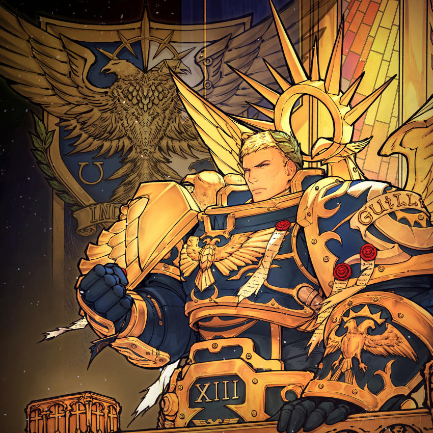 1boy absurdres armor bird blonde_hair blue_armor breastplate character_name chinese_commentary clenched_hand clip_studio_paint_(medium) closed_mouth eagle from_side gauntlets hand_on_railing highres imperial_aquila laurel_crown male_focus mountains_and_mountians_above_the_moon pauldrons power_armor primarch purity_seal railing rerebrace roboute_guilliman roman_numeral shoulder_armor solo translation_request ultramarines warhammer_40k