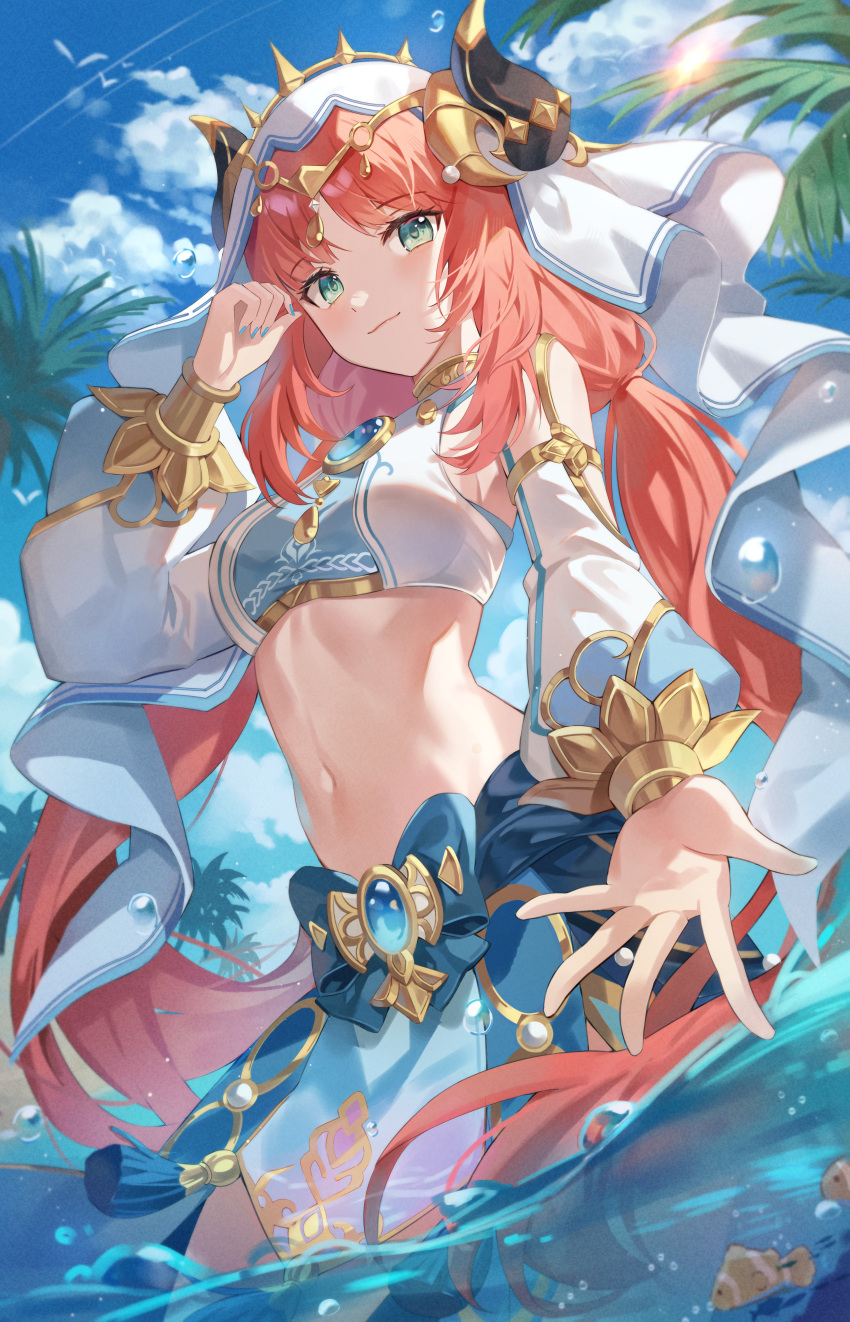 02bear20 1girl absurdres blush breasts closed_mouth crop_top detached_sleeves fake_horns genshin_impact highres horns jewelry long_hair long_sleeves looking_at_viewer medium_breasts navel neck_ring nilou_(genshin_impact) outdoors puffy_sleeves red_hair smile solo