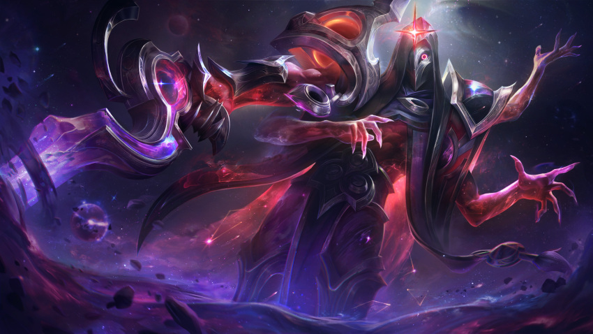 1boy absurdres armor constellation cowboy_shot dark_cosmic_jhin english_commentary extra_arms glowing glowing_eye glowing_hand highres in_orbit jhin league_of_legends light_particles looking_at_viewer male_focus mask official_art orbited planet red_eyes rock shoulder_armor sky solo space star_(sky) starry_sky