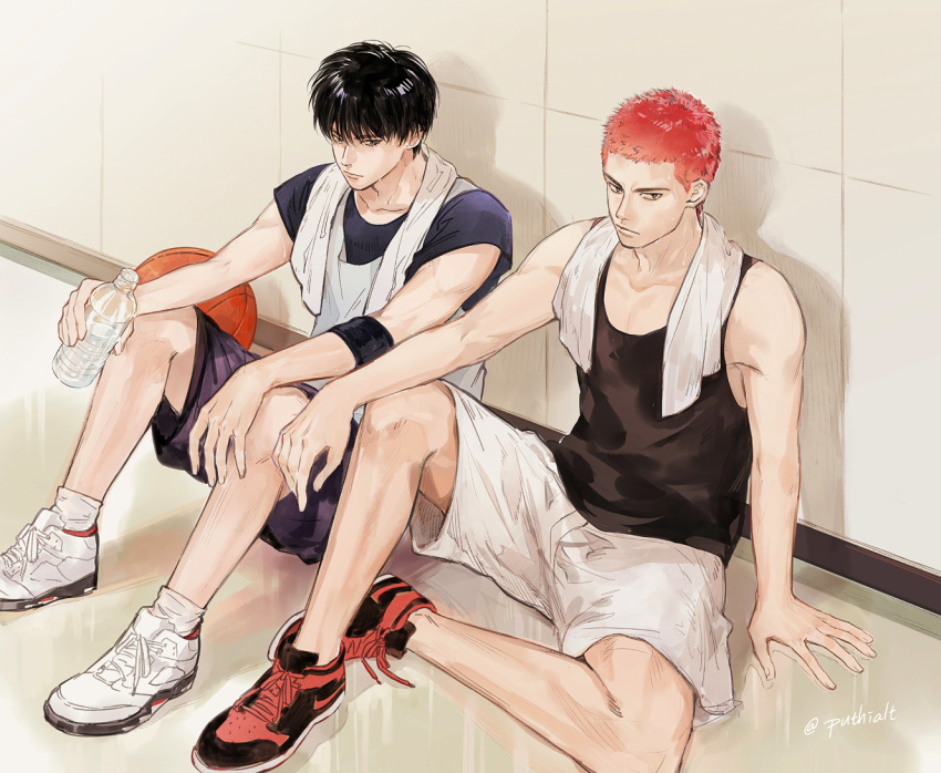 2boys arm_on_knee armband basketball black_hair bottle buzz_cut holding holding_bottle male_focus multiple_boys on_floor puthialt red_hair rukawa_kaede sakuragi_hanamichi shoes short_hair short_sleeves shorts sitting slam_dunk_(series) sneakers socks sweat tank_top towel towel_around_neck very_short_hair water_bottle