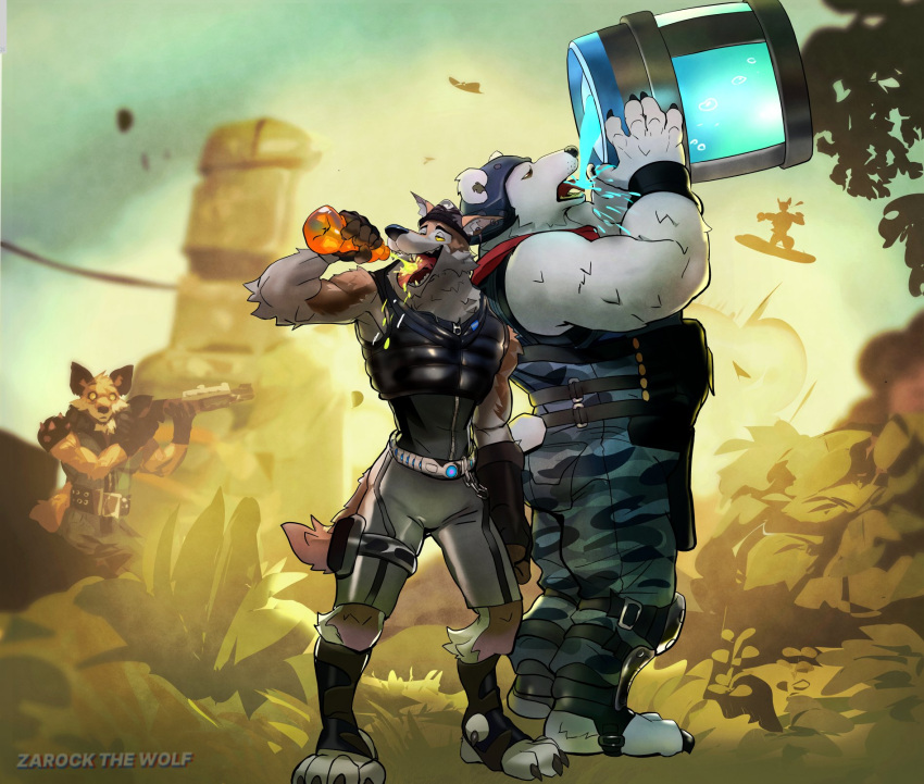 2023 5_toes ankle_socks anthro armor artist_name bear belt biceps bottle bottomwear brown_body brown_fur bulletproof_vest camo camo_bottomwear camo_clothing camo_pants camo_print camo_shirt camo_tank_top camo_topwear canid canine canis claws clothing container drinking epic_games explosion feet fennix_(fortnite) footwear forest fortnite fox fur furgonomic_headwear gameplay_mechanics green_bodysuit grey_clothing grey_shirt grey_topwear group gun headgear helmet hi_res holding_gun holding_object holding_rifle holding_weapon jungle knee_pads male mammal mining_helmet multicolored_body multicolored_fur muscular muscular_anthro muscular_male open_mouth orange_body orange_fur pants pattern_bottomwear pattern_clothing pattern_pants pattern_shirt pattern_topwear plant polar_bear polar_patroller ranged_weapon red_ascot shield_potion shirt shoulder_pads small_tail socks spiked_shoulder_pads spikes tail toe_claws toes tongue tongue_out topwear tree trio two_tone_body two_tone_fur ursine weapon wendell_(fortnite) white_body white_fur wolf wristband yellow_eyes yellow_sclera zarockthewolf