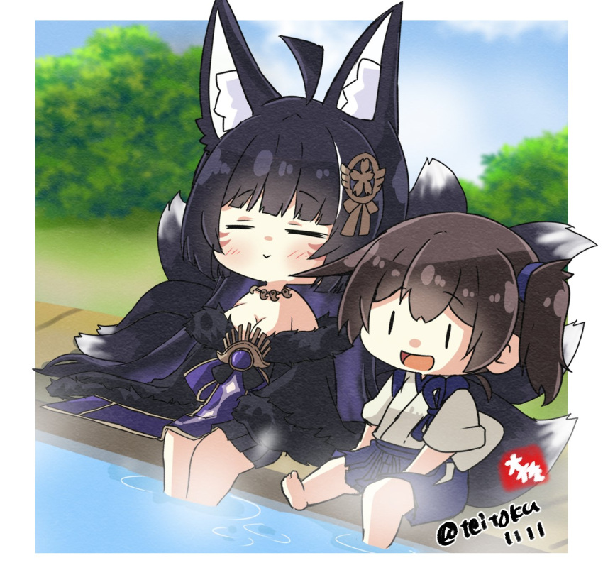 2girls animal_ears azur_lane barefoot chibi crossover foot_bath fox_ears fox_girl fox_tail highres japanese_clothes jewelry kaga_(kancolle) kantai_collection kimono magatama magatama_necklace multiple_girls multiple_tails musashi_(azur_lane) necklace off_shoulder tail taisa_(kari) tasuki twitter_username water