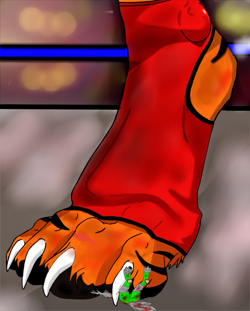 abuse anthro blood bodily_fluids canid canine canis clothing crush death duo feet felid feline fight footwear gore hi_res macro male male/male mammal micro muay_thai pantherine paws ring size_difference socks soles squish stomping tiger toes wolf