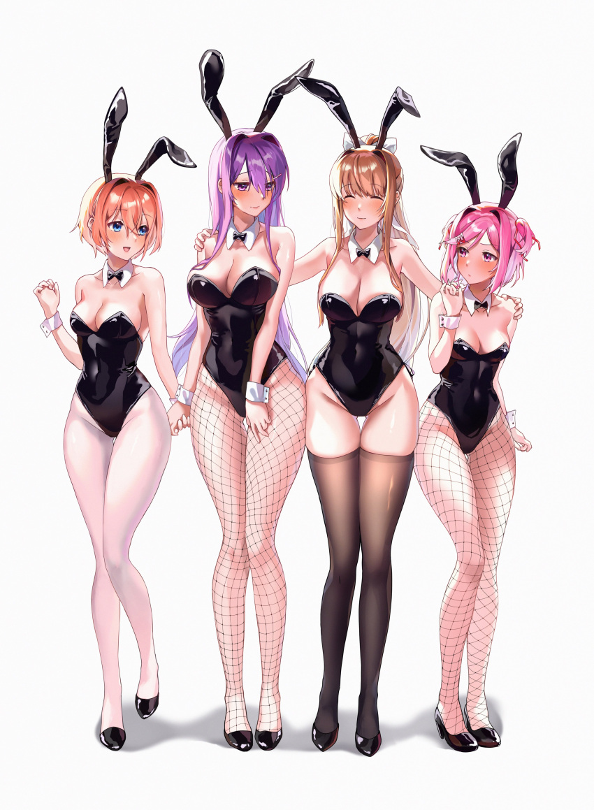 4girls absurdres alternate_costume animal_ears bare_shoulders black_bow black_bowtie black_footwear black_leotard black_thighhighs blue_eyes blush bow bowtie breasts brown_hair buttons closed_eyes collarbone covered_navel detached_collar doki_doki_literature_club english_commentary fake_animal_ears fishnet_pantyhose fishnets full_body hair_between_eyes hair_bow hair_ornament hair_ribbon hairclip hairpin hand_up hands_on_another's_shoulders hands_up highres holding holding_hands large_breasts leg_up legs leotard long_hair looking_at_another machulanko medium_breasts monika_(doki_doki_literature_club) multiple_girls natsuki_(doki_doki_literature_club) open_mouth orange_hair pantyhose pink_eyes pink_hair playboy_bunny ponytail purple_eyes purple_hair rabbit_ears red_ribbon ribbon sayori_(doki_doki_literature_club) shadow shoes short_hair sidelocks simple_background smile standing standing_on_one_leg strapless strapless_leotard thighhighs tongue two_side_up white_background white_bow white_pantyhose wing_collar wrist_cuffs yuri_(doki_doki_literature_club)