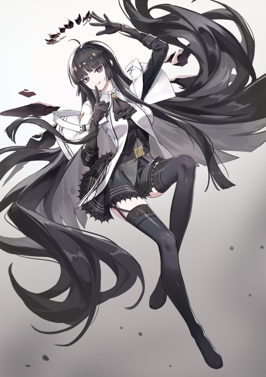 1girl absurdres ahoge arknights ascot black_ascot black_eyes black_hair black_skirt black_thighhighs black_wings dark_halo energy_wings finger_to_mouth floating_hair full_body gradient_background grey_background halo highres index_finger_raised kirby_d_a long_hair looking_at_viewer mole mole_under_eye parted_lips shirt simple_background skirt smile thighhighs very_long_hair virtuosa_(arknights) white_shirt wings