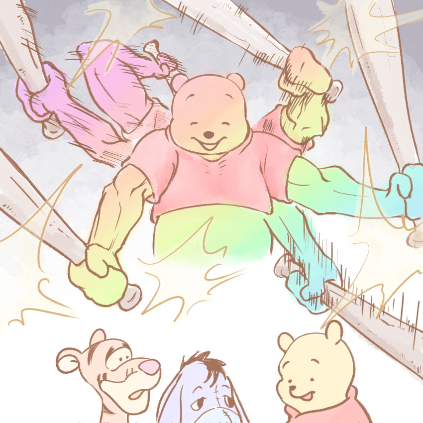 absurdres alternate_muscle_size baseball_bat eeyore extra_arms false_smile highres holding holding_baseball_bat imasogari multiple_weapons multiple_wielding no_humans pooh red_shirt shirt short_sleeves smile tigger winnie_the_pooh