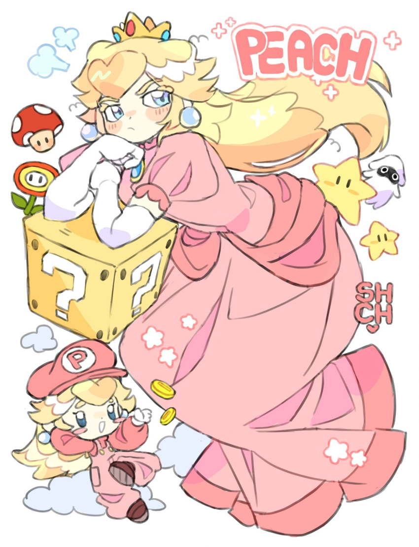 1girl ?_block artist_name blonde_hair blooper_(mario) blue_eyes brown_footwear chibi cloud collared_shirt copyright_name crown dress earrings elbow_gloves fire_flower gloves hair_between_eyes hat highres jewelry long_hair mario_(series) overalls pink_dress pink_overalls pink_shirt princess_peach puffy_short_sleeves puffy_sleeves sharpycharot shirt shoes short_sleeves super_mushroom super_star_(mario) white_gloves