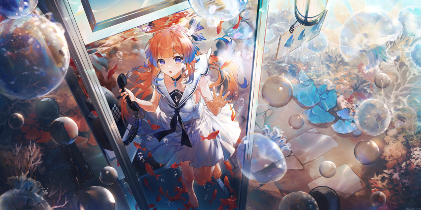 1girl absurdres against_glass air_bubble alternate_costume anchor_symbol bare_legs bare_shoulders barefoot black_collar black_neckerchief blue_eyes blue_hair blue_ribbon bubble collar collared_dress colored_tips commentary coral dress fish genshin_impact hair_ribbon highres holding holding_phone jellyfish lamp long_hair looking_at_viewer multicolored_hair neckerchief open_mouth orange_hair phone phone_booth ribbon sailor_collar sangonomiya_kokomi sign sleeveless sleeveless_dress solo swkl:d symbol-only_commentary underwater water white_dress wide_shot