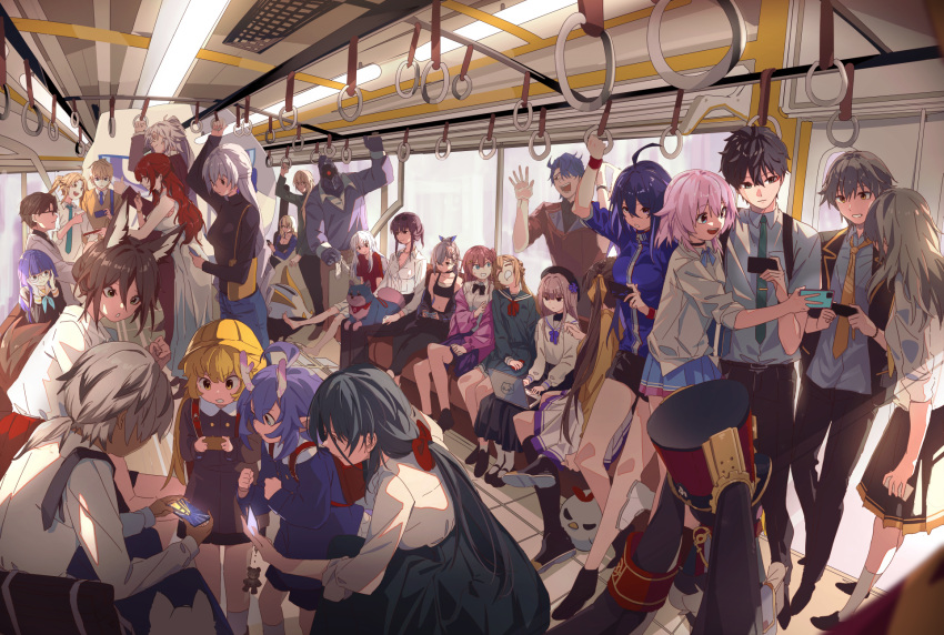 6+boys 6+girls ahoge alternate_costume animal_ear_fluff animal_ears arlan_(honkai:_star_rail) arm_up asta_(honkai:_star_rail) backpack bag bailu_(honkai:_star_rail) barefoot black_bow black_bowtie black_footwear black_hair black_jacket black_pants black_shorts black_socks blazer blonde_hair blue_hair blue_neckerchief blue_skirt bow bowtie bronya_rand brown_hair caelus_(honkai:_star_rail) cellphone clara_(honkai:_star_rail) collared_shirt commentary computer crop_top dan_heng_(honkai:_star_rail) dog dragon_horns dress english_commentary erotipop everyone fox_ears fox_tail gepard_landau glasses green_eyes green_necktie green_shirt green_skirt grey_hair hair_between_eyes hair_ribbon half_updo hat herta_(honkai:_star_rail) highres himeko_(honkai:_star_rail) holding holding_hand_grip holding_phone honkai:_star_rail honkai_(series) hook_(honkai:_star_rail) horns jacket jing_yuan kafka_(honkai:_star_rail) kneehighs laptop leaning_on_person long_hair long_skirt looking_at_another looking_down luocha_(honkai:_star_rail) march_7th_(honkai:_star_rail) midriff multiple_boys multiple_girls natasha_(honkai:_star_rail) neckerchief necktie off_shoulder pants pela_(honkai:_star_rail) phone pink_hair pink_jacket pleated_skirt pom-pom_(honkai:_star_rail) ponytail purple_eyes purple_hair purple_jacket purple_sweater qingque_(honkai:_star_rail) randoseru red_eyes red_hair red_headwear red_jacket ribbon sampo_koski school_hat school_uniform seele_(honkai:_star_rail) serafuku serval_landau shirt shirt_tucked_in shoes shorts shoulder_bag silver_wolf_(honkai:_star_rail) sitting skirt smartphone socks standing stelle_(honkai:_star_rail) sushang_(honkai:_star_rail) svarog_(honkai:_star_rail) sweater tail tingyun_(honkai:_star_rail) track_jacket trailblazer_(honkai:_star_rail) train_interior twintails very_long_hair welt_yang white_dress white_hair white_pants white_shirt white_skirt white_socks yanqing_(honkai:_star_rail) yellow_eyes yellow_headwear yellow_necktie yellow_ribbon yellow_trim