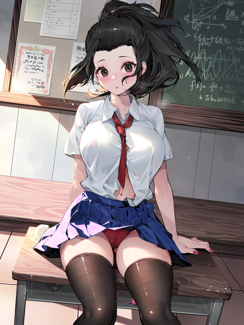 1girl ass_visible_through_thighs black_eyes black_hair blush boku_no_hero_academia breasts cameltoe collared_shirt hair_pulled_back highres large_breasts long_hair looking_at_viewer navel necktie panties pantyshot pleated_skirt ponytail red_nails red_panties school_uniform shirt short_sleeves skirt solo thighhighs underwear waterring yaoyorozu_momo zettai_ryouiki