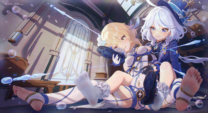2girls black_gloves blonde_hair blue_eyes blue_hair blue_headwear blue_jacket blue_pupils bobby_socks breasts chinese_commentary commentary_request constricted_pupils feet full_body furina_(genshin_impact) genshin_impact gloves half_gloves hat heterochromia highres icecake indoors jacket long_sleeves lumine_(genshin_impact) medium_breasts medium_hair mismatched_pupils multicolored_hair multiple_girls paid_reward_available parted_lips purple_eyes purple_pupils shibari shoes sitting smelling_shoe socks soles stirrup_legwear streaked_hair thighhighs toeless_legwear toes top_hat unworn_shoes white_gloves white_hair white_socks white_thighhighs yellow_eyes yuri