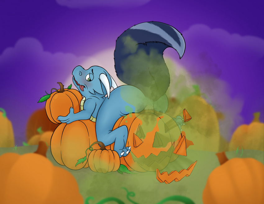 anthro anus butt claws dragon embarrassed fart fart_cloud fart_fetish food fruit gassy halloween_theme hi_res hybrid jack-o'-lantern male mammal mephitid plant pumpkin raised_tail skunk skunk_tail solo tail thr33y3dg0at