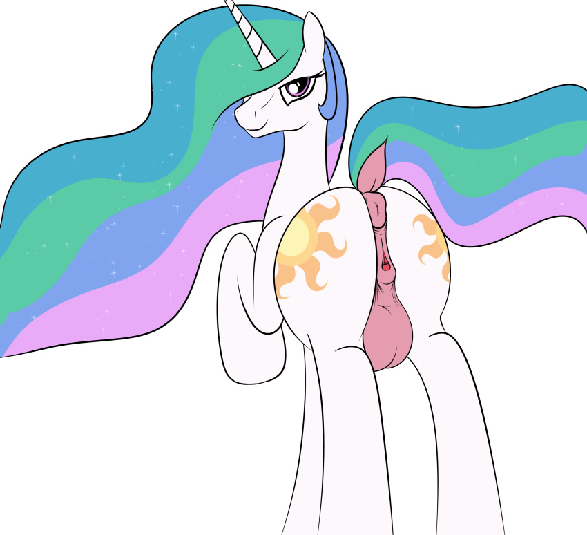 2020 absurd_res anatomically_correct anatomically_correct_anus anatomically_correct_genitalia anatomically_correct_pussy animal_genitalia animal_pussy anus balls butt clitoris cutie_mark digital_media_(artwork) dock equid equine equine_anus equine_genitalia equine_pussy feral friendship_is_magic genitals hair hasbro herm hi_res hooves horn intersex looking_back mammal mane multicolored_hair multicolored_mane multicolored_tail my_little_pony pink_anus pink_balls pink_eyes pink_pussy princess_celestia_(mlp) puffy_anus pussy raised_hoof raised_tail simple_background smile tail trash_anon unicorn white_background white_body