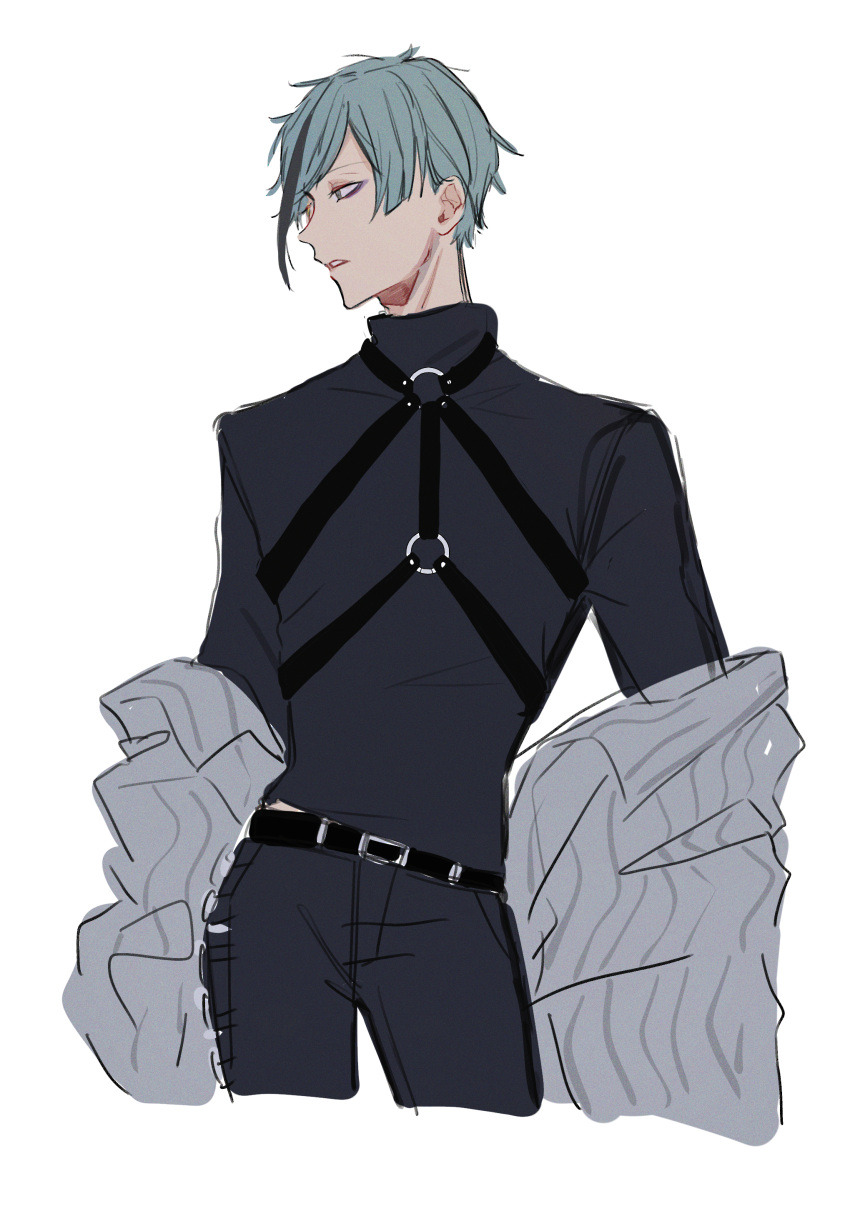 1boy absurdres aqua_hair belt belt_buckle black_belt blue_pants blue_sweater buckle character_request chest_harness commentary_request cowboy_shot grey_hair harness highres long_sleeves looking_to_the_side male_focus multicolored_hair pants short_hair shu_(oshigoto_boshuuchuu) simple_background solo streaked_hair sweater turtleneck turtleneck_sweater twisted_wonderland two-tone_hair white_background